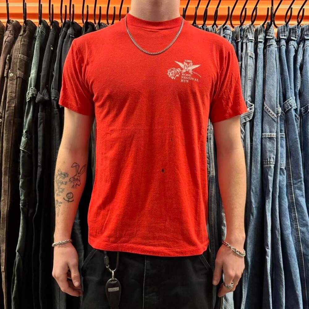 Vintage 1983 Rose Festival Run Shirt — Red 80s Hanes T-Shirt, Size M